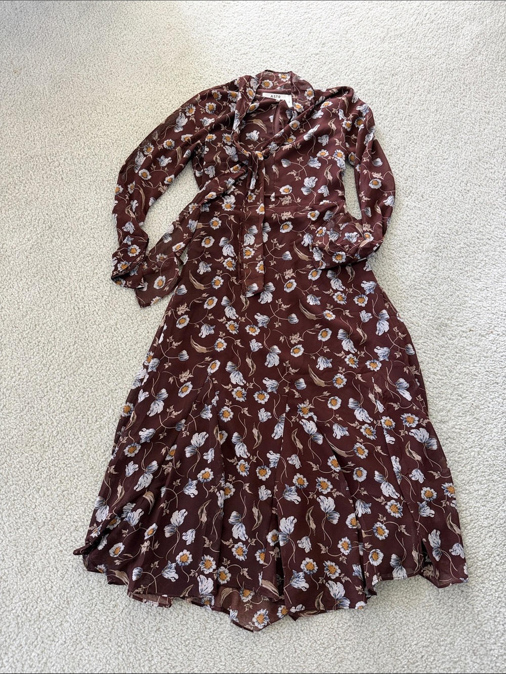 Astr Floral Long-Sleeve Maxi Dress - Wine with White & Mustard Print